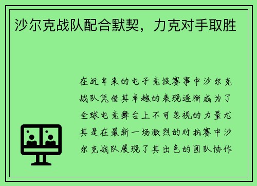 沙尔克战队配合默契，力克对手取胜